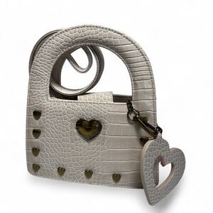 Luv Betsey Johnson Croc Embossed Cream Faux Leather Handbag Studded Hearts